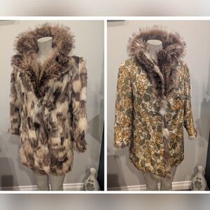 Vintage Patchwork Coyote Fur Coat Reversible Hippy Floral Pattern Sz M